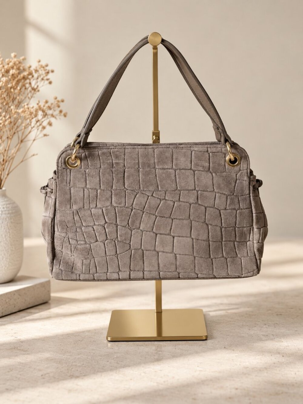 Taupe Suede Shoulder Bag, Italian Leather Handbag, Croc Embossed Purse